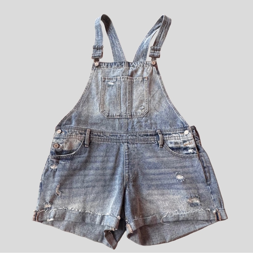 KanCan Los Angeles Denim Distressed Overalls Remedy Mid-Rise Overall Shorts